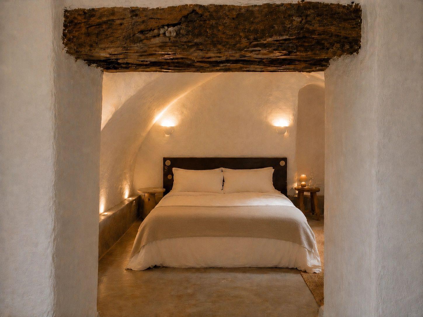 Chambre élégante d'hôtel de charme en Balagne avec lit blanc et voûte en pierre