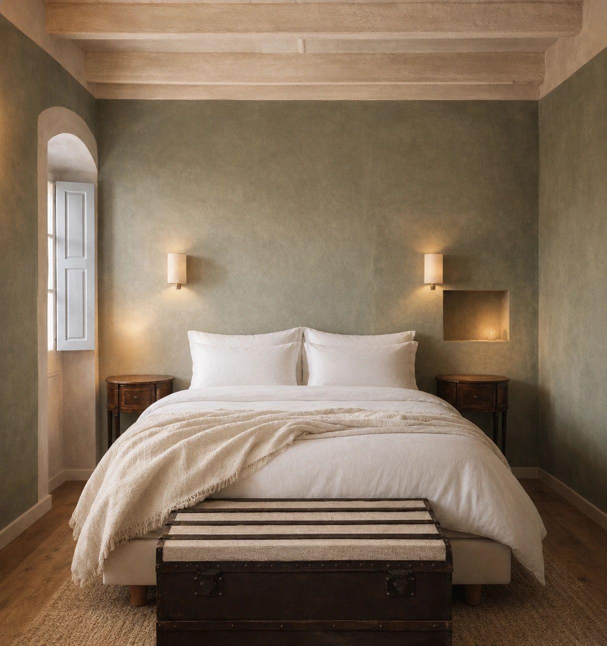 Chambre élégante d'un hôtel de charme en Balagne avec lit blanc et murs en terre