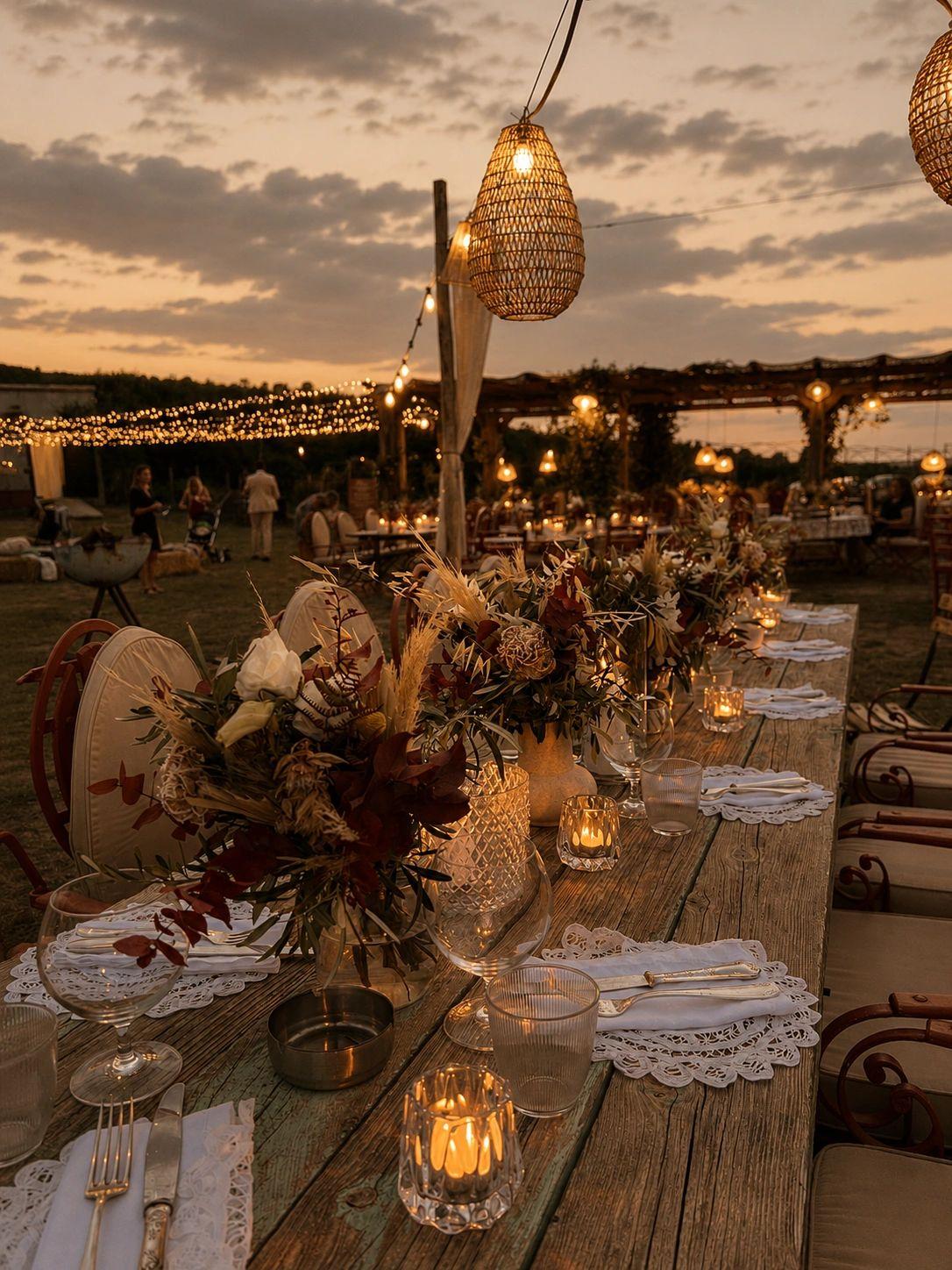 Table de mariage décorée au coucher du soleil près d'un hôtel à Calenzana