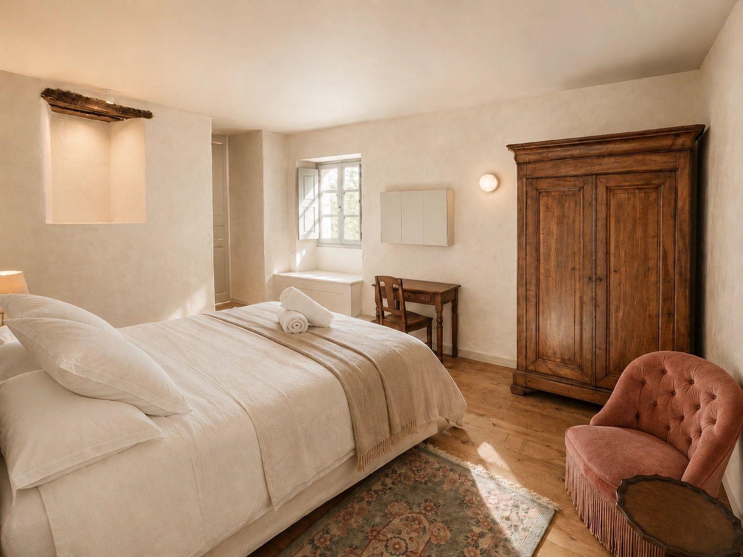 Chambre élégante d'un hôtel de charme en Balagne avec lit blanc, armoire en bois et fauteuil terracotta