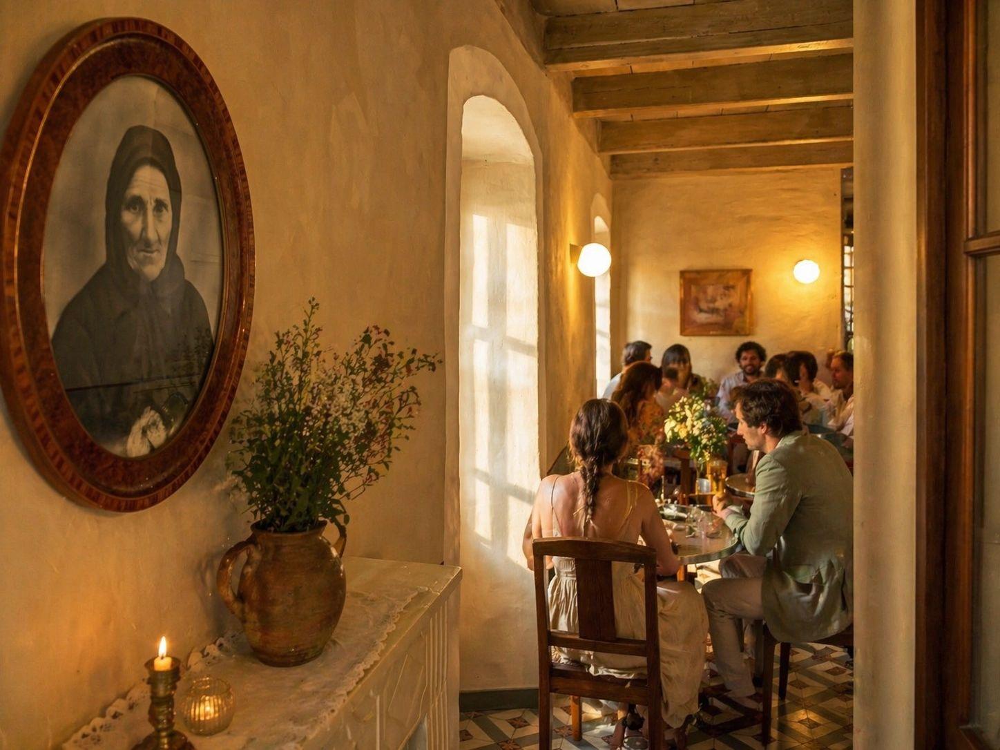 Salle à manger de l'hôtel à Calenzana avec portrait historique et convives
