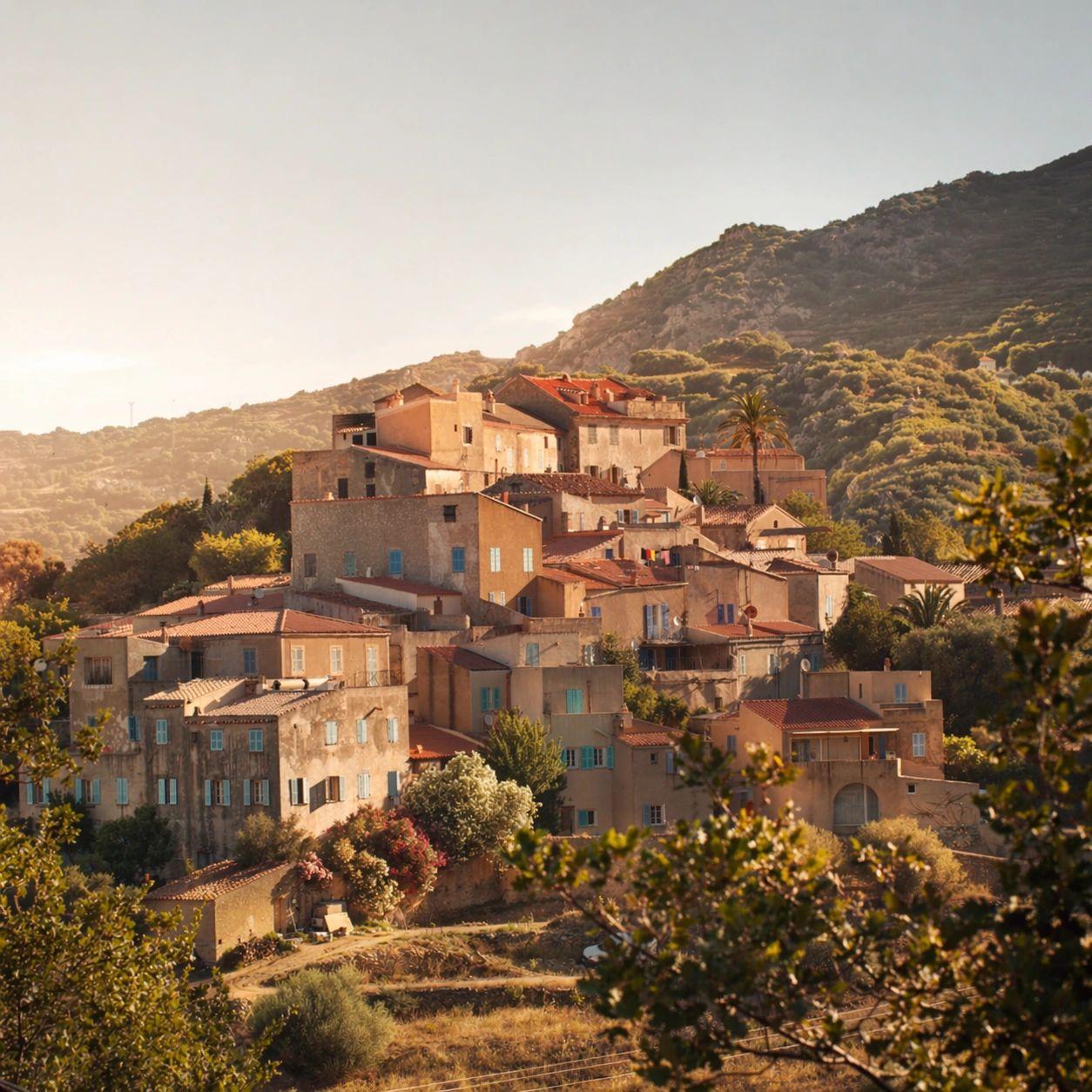 Village corse perché avec maisons ocre, Calvi et Île-Rousse en arrière-plan montagneux méditerranéen